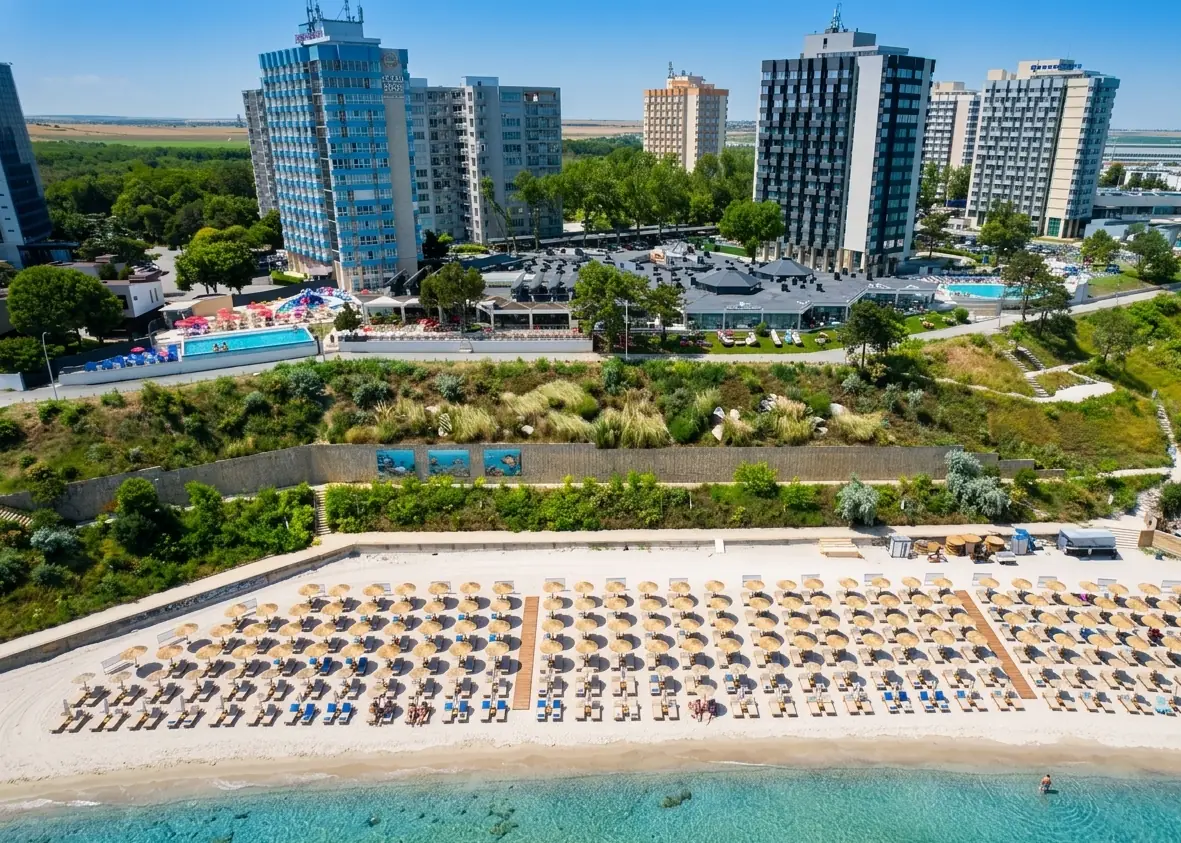 Private beach with sunbeds