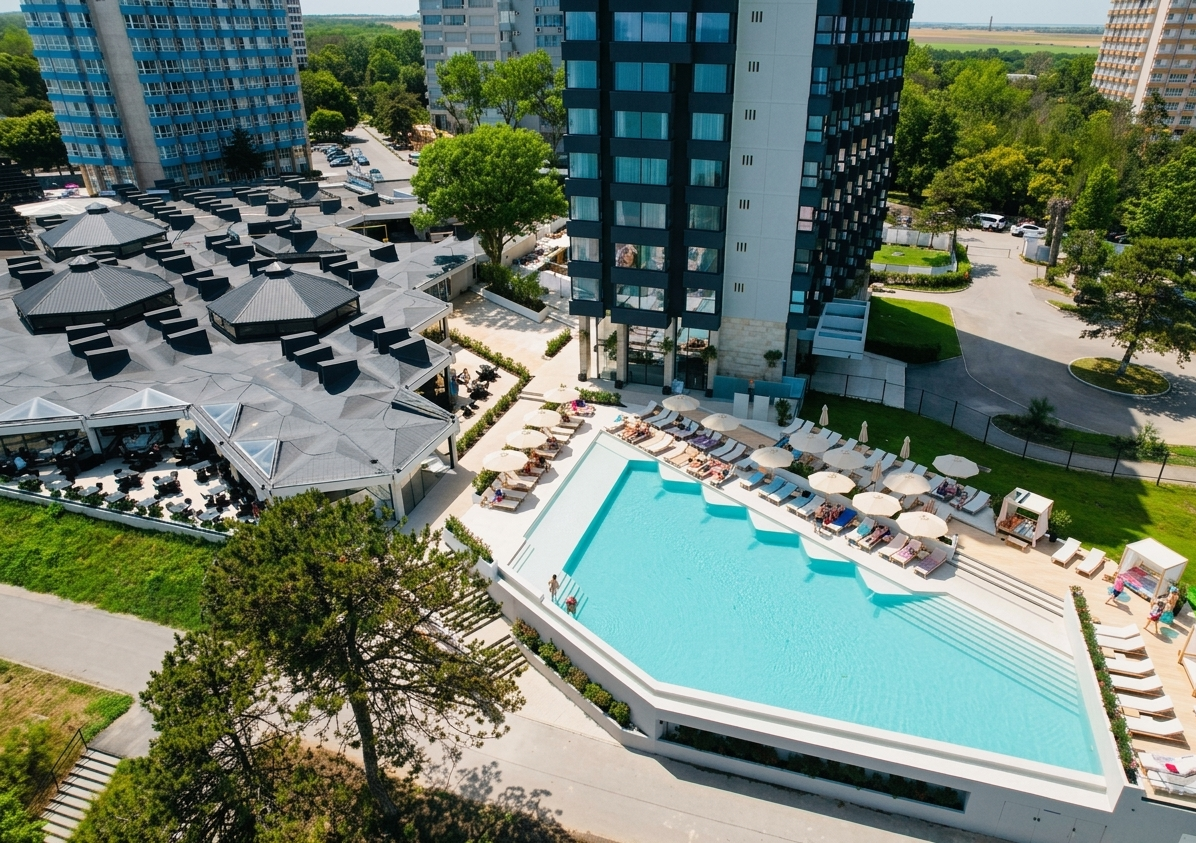 STEAUA DE MARE Olimp Resort cliffside view at sunset over the Black Sea